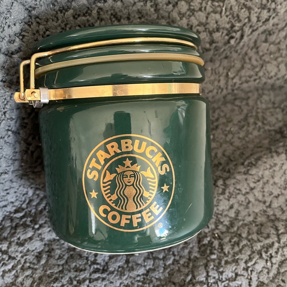 Starbucks Coffee Canister Green Gold Logo Mermaid Jar Ceramic Bee House 5.5"